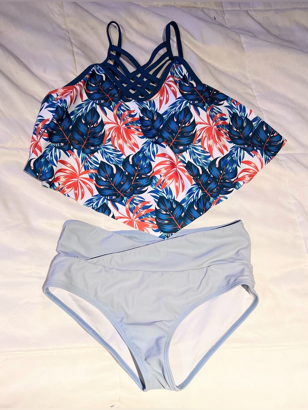 🌞 Bundle 3/$12 Tropical Strappy Flounce Bikini Top with Light Blue High Waist Bo
